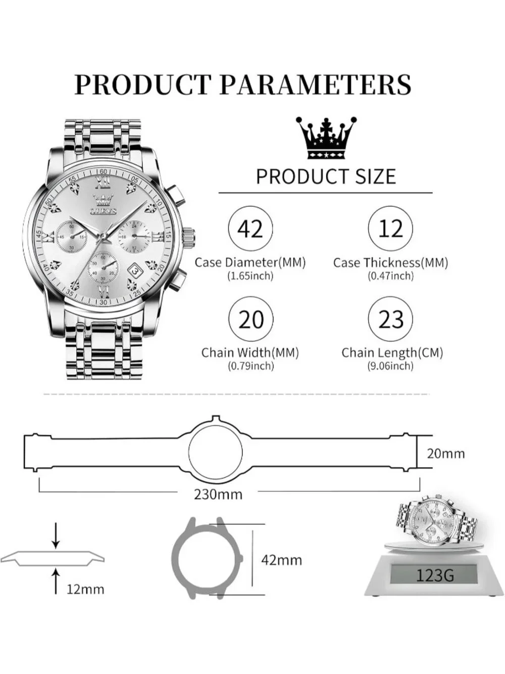 Men's White Face/Silver Strap Stainless Steel Chronograph Waterproof  Watch